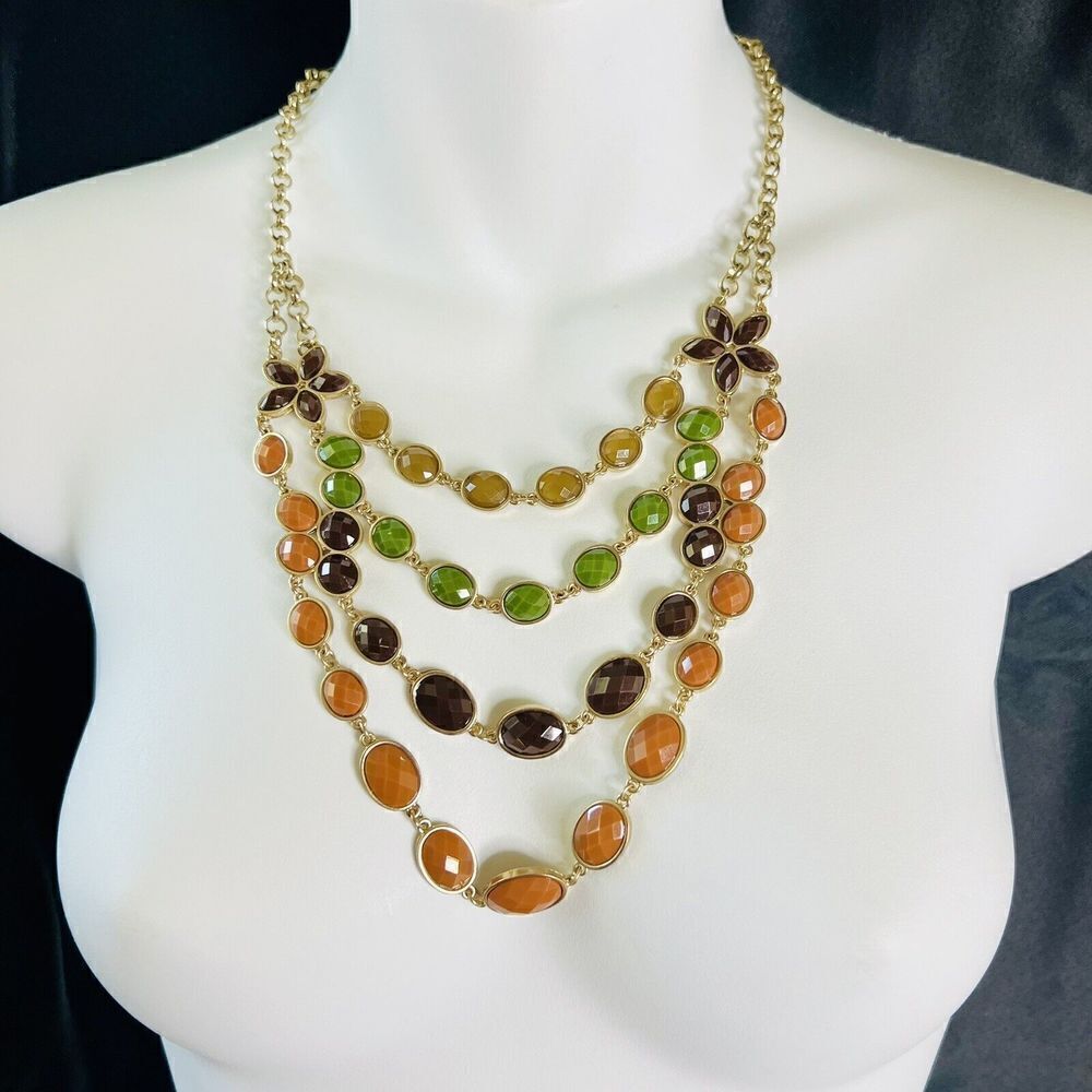 Beautiful Layered Multi Strand Necklace Earth Tone Faceted Beads Flower  4328